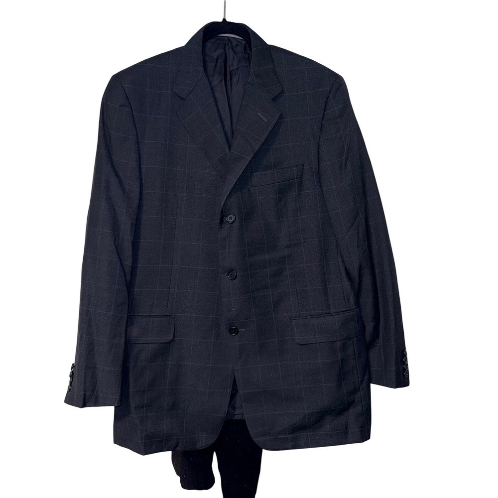 Hickey Freeman Hunt Club Windowpane Blazer Mens 42R Charcoal Grey Wool USA